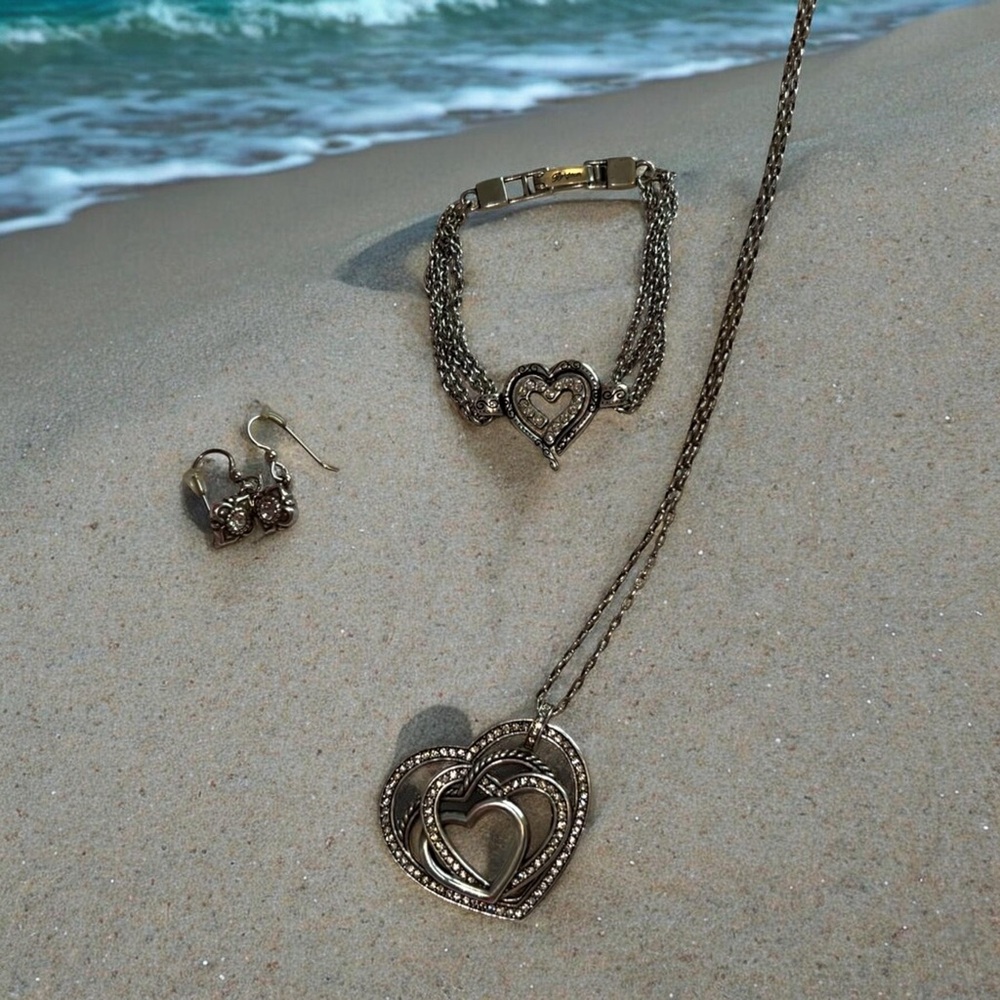 Brighton Heart Jewelry Set Necklace Bracelet Earrings Silver Tone Crystal